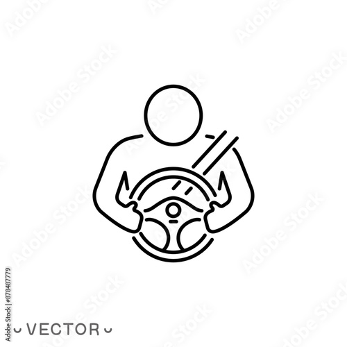 car driver icon, steering wheel, driving person, thin line symbol isolated on white background, editable stroke eps 10 vector illustration
