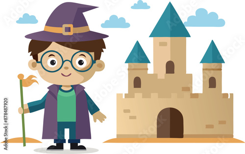 Cute wizard character standing next to a castle with a magical staff and wearing glasses