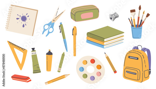 Back to school. Vector set of school supplies. Cute office supplies hand drawn illustration. 