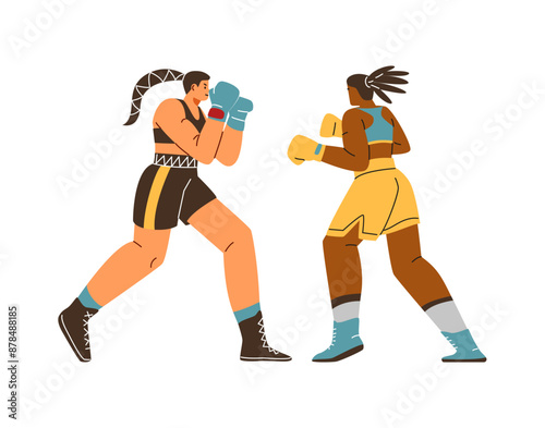 Two women boxers fighting, battle sports game competition, vector flat professional sports girls wrestling isolated