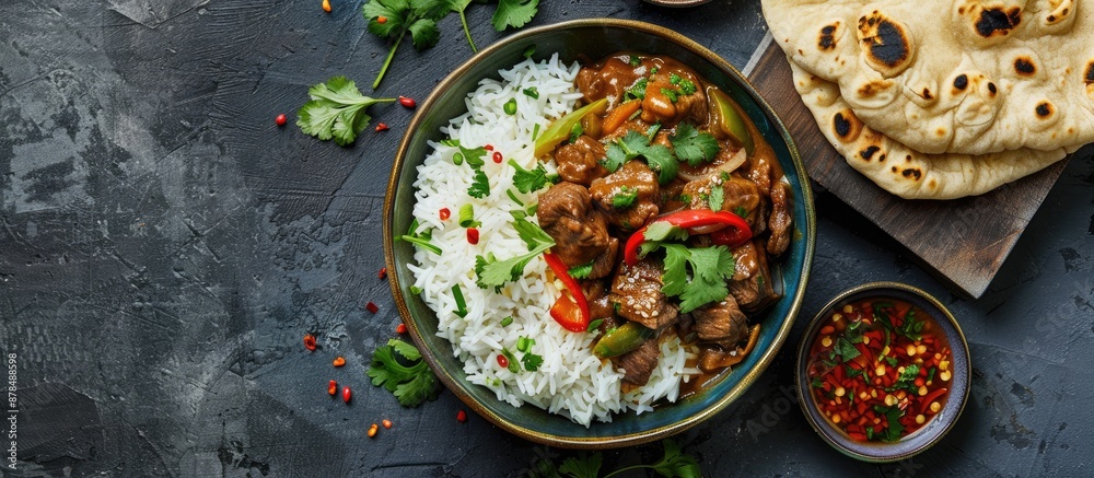 Asian beef stir-fry with sweet peppers, rice, and naan bread showcased in a top-view setting on a dark background with ample copy space image. Asian beef stir-fry with sweet peppers, rice, and naan bread showcased in a top-view setting on a dark background with ample copy space image.