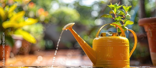 Close-up selective focus on a yellow watering can with a water sprinkler and terracotta plant pot in a copy space image. photo