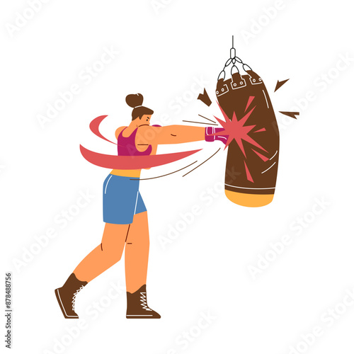 Vector illustration of a female boxer who trains in gloves with a punching bag.