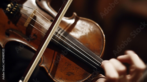 Close-up view of a person playing a worn violin with a bow, emphasizing musicianship and artistry.