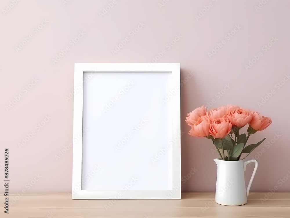 Elegant blank photo frame with pink flowers in white vase against pastel wall on wooden table. Elegant blank photo frame with pink flowers in white vase against pastel wall on wooden table.