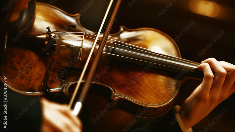 Fototapeta premium Close-up image of hands playing an antique violin with a bow, showcasing fine details and craftsmanship.