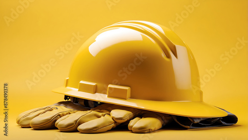 Labor day, yellow construction hard hat resting on a pair of protective work gloves against a matching yellow background