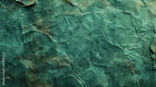 Close-up of weathered and peeling green paint on an old wall, highlighting textures and cracks. photo