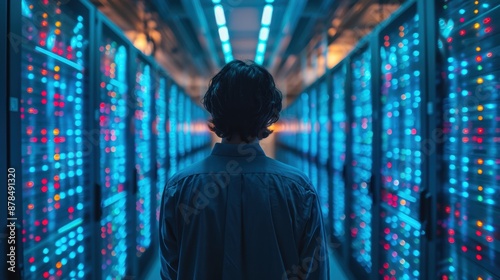 Person in a data center with glowing servers, monitoring network and information technology systems in a high-tech environment.