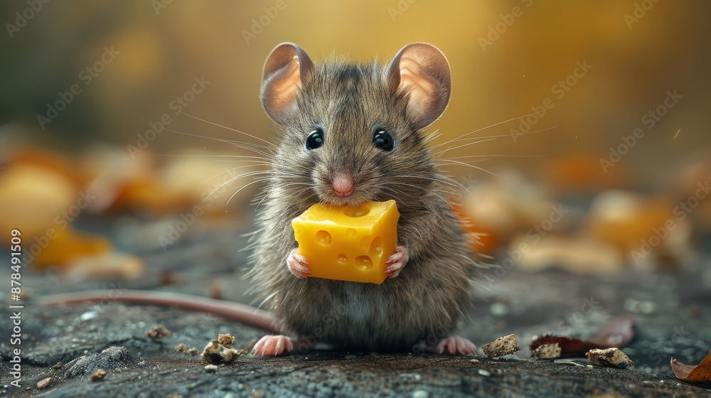 Mouse nibbling cheese in a cozy autumn forest, surrounded by fallen leaves in shades of orange and brown, enjoying a snack outdoors in warm sunlight Mouse nibbling cheese in a cozy autumn forest, surrounded by fallen leaves in shades of orange and brown, enjoying a snack outdoors in warm sunlight