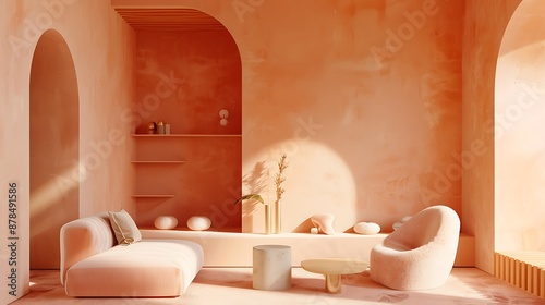 A stylish living room featuring peach-colored walls, minimalist decor, and a soft peach fuzz finish