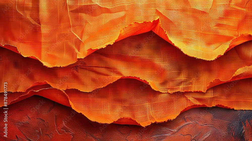   A macro shot of a painting resembling an orange sheet of paper against a backdrop of a mountain range