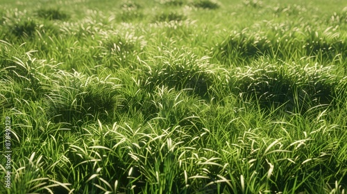 a field of green grass with the sun shining on it