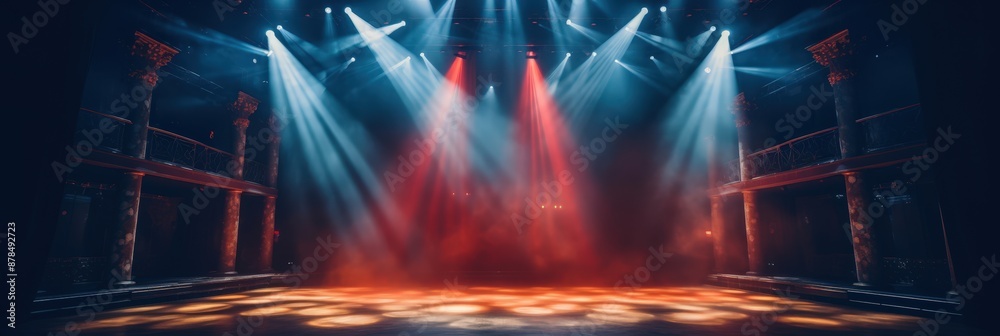 Fototapeta premium Stage Lights and Columns ,Empty stage with spotlight illuminated the stage, Theater stage with light 