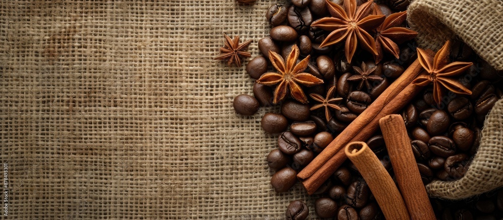 Brown burlap background with roasted coffee beans, anise stars, and cinnamon sticks. Hot orange-brown hues with room for text in the image. image with copy space Brown burlap background with roasted coffee beans, anise stars, and cinnamon sticks. Hot orange-brown hues with room for text in the image. image with copy space
