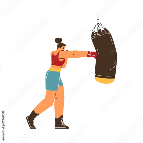 Strong professional woman boxer fighter exercising, hitting a punching bag, martial sport training wrestling flat vector