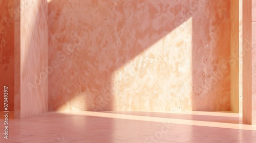 An empty room with a subtle peach fuzz wall texture and minimalistic interior design, rendered in 3D