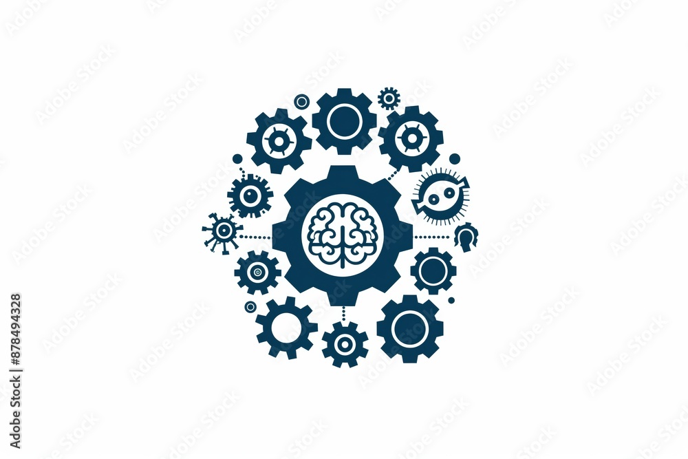Artificial Intelligence Brain Gears Illustration, mechanical gears forming a brain, symbolizing AI, cognitive technology, and machine learning in a creative, futuristic design.
