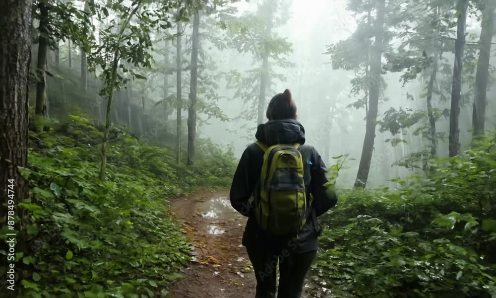 Man walking alone in forest path with rain falling.