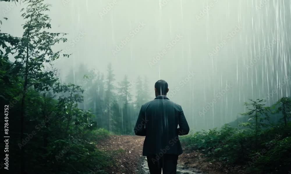Man walking alone on dirt in forest path with rain gently falling, peaceful atmosphere. Man walking alone on dirt in forest path with rain gently falling, peaceful atmosphere.
