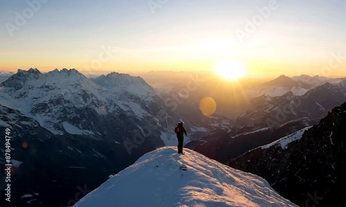 A climber standing on a snow covered mountaintop in peaceful atmosphere.