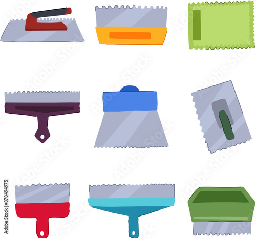 notched trowel set cartoon. construction tiler, tiles cement, plaster float notched trowel sign. isolated symbol vector illustration