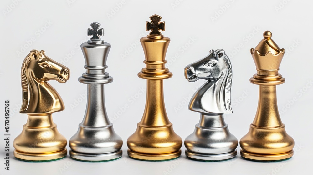 Gold and Silver chess pieces in six different types used on chessboard to play the game of chess. Gold and Silver chess pieces in six different types used on chessboard to play the game of chess.