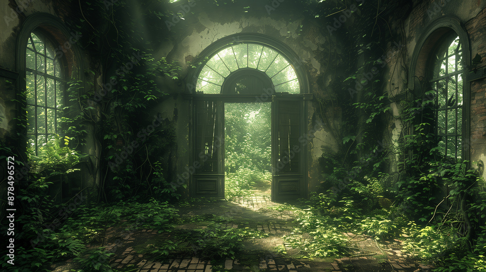 An abandoned greenhouse with overgrown plants and vines, sunlight streaming through broken windows. An abandoned greenhouse with overgrown plants and vines, sunlight streaming through broken windows.