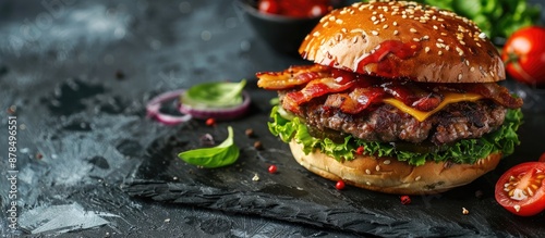 Obraz  z motywem Delicious double bacon burger on a slate plate with copy space image.