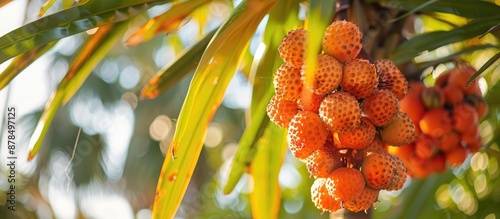 An orange Foxtail palm fruit hanging on a tree in the garden, creating an appealing sight with its vibrant hue against a clear sky background, perfect for a copy space image. photo