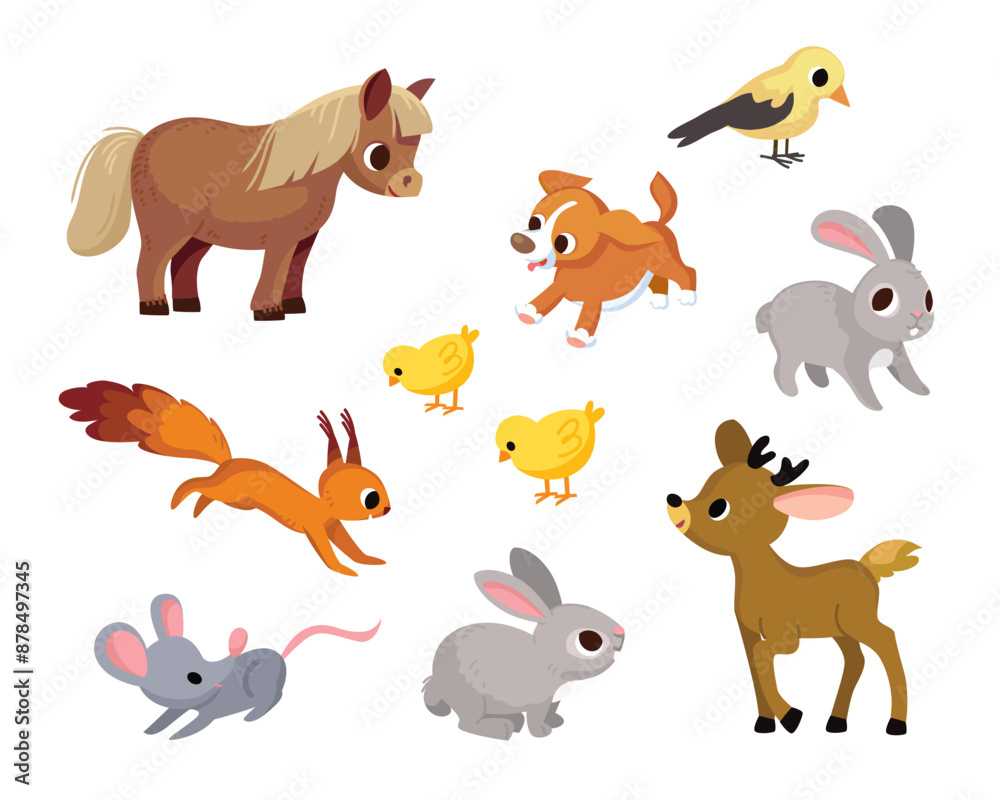 Obraz premium Set collection of different forest wild cartoon creatures animals. Zoo, wood or forest inhabitants, residents. Woodland animals, beast images flat isolated vector illustration.