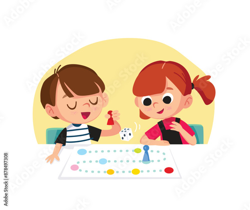 Children play table games. Kids having fun while playing board game. Spending time playing tabletop games. Vector illustration.
