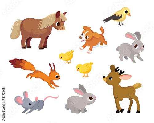 Set collection of different forest wild cartoon creatures animals. Zoo, wood or forest inhabitants, residents. Woodland animals, beast images flat isolated vector illustration.