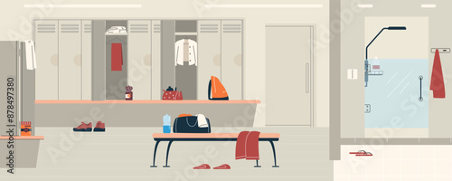 Vector interior of the locker room with a changing area, a place to store sports equipment