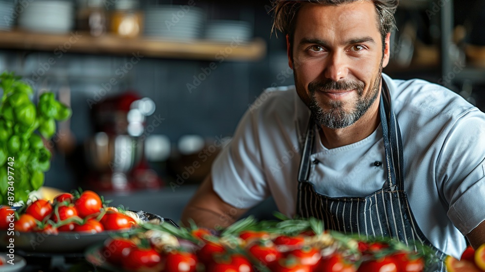 An image of a man in an apron smiling while holding a basket of ripe tomatoes and fresh lettuce on a table An image of a man in an apron smiling while holding a basket of ripe tomatoes and fresh lettuce on a table