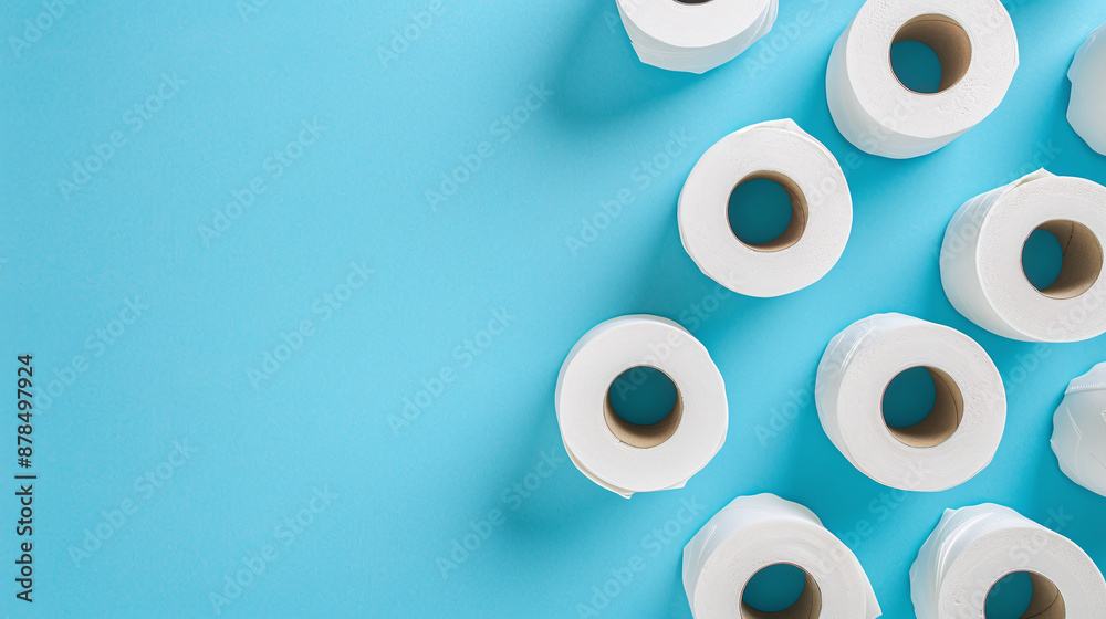 White Toilet Paper Rolls: Minimalist Flat Lay on a Blue background - Copy space. White Toilet Paper Rolls: Minimalist Flat Lay on a Blue background - Copy space.