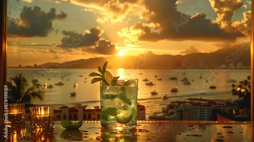   A glass holding drink rests on table beside waterview photo