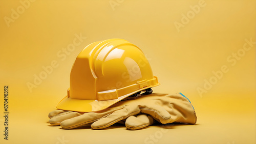 Labor day, yellow construction hard hat resting on a pair of protective work gloves against a matching yellow background