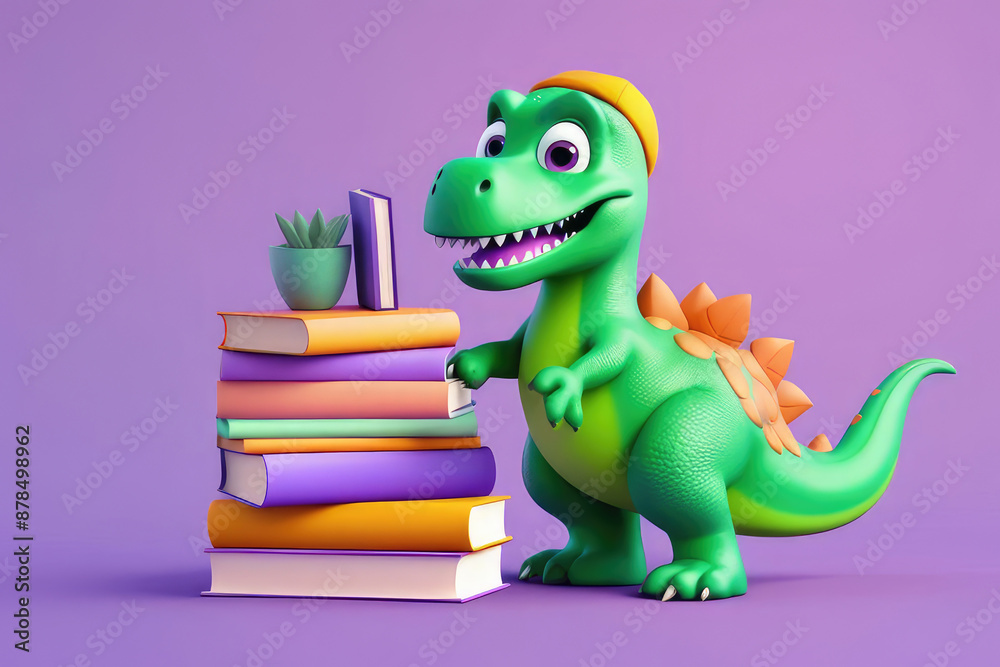 Naklejka premium Cute dinosaur reads a book on lilac background.