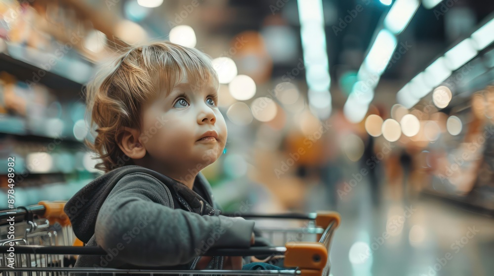 Child sitting in a shopping trolley while parents shop.