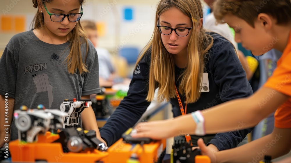 A teacher and students engaged in a robotics workshop A teacher and students engaged in a robotics workshop