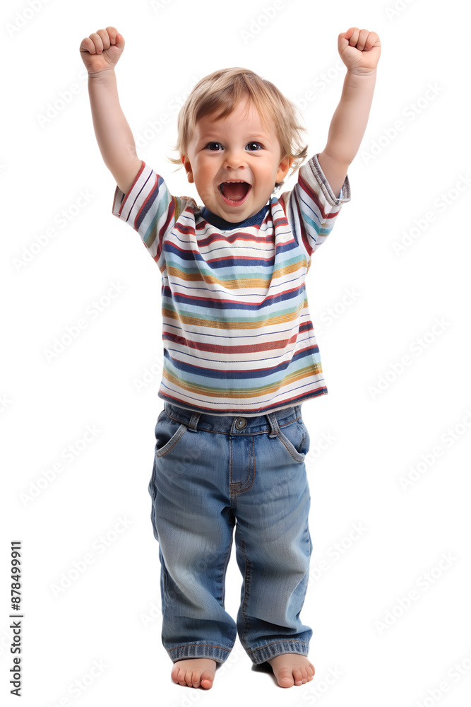 A cute boy stand happily and raised his arms A cute boy stand happily and raised his arms