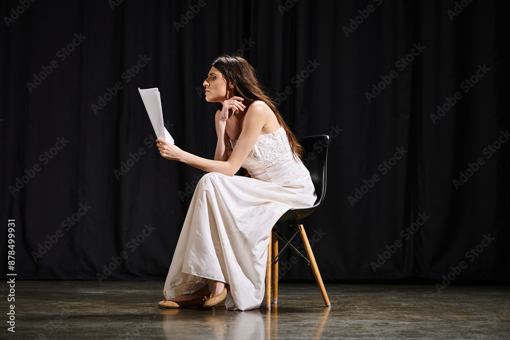 A woman engrossed in reading while seated on a chair. A woman engrossed in reading while seated on a chair.