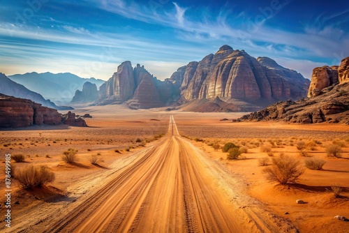 Landscape view of dusty road going far away nowhere in Wadi Rum desert, Landscape, dusty, nowhere, desert, road, away photo