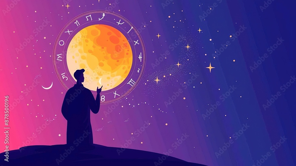 Silhouette of a man gazing at the full moon and a night sky filled with stars. Silhouette of a man gazing at the full moon and a night sky filled with stars.
