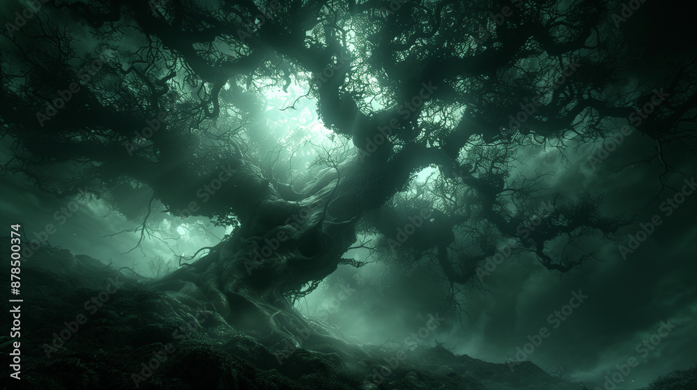 A dark, eerie forest with a large, twisted tree at the center. The scene is illuminated by a mysterious greenish light, creating an ominous and mystical atmosphere. A dark, eerie forest with a large, twisted tree at the center. The scene is illuminated by a mysterious greenish light, creating an ominous and mystical atmosphere.