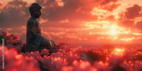 Buddha statue in the lotus flower garden at sunset.
