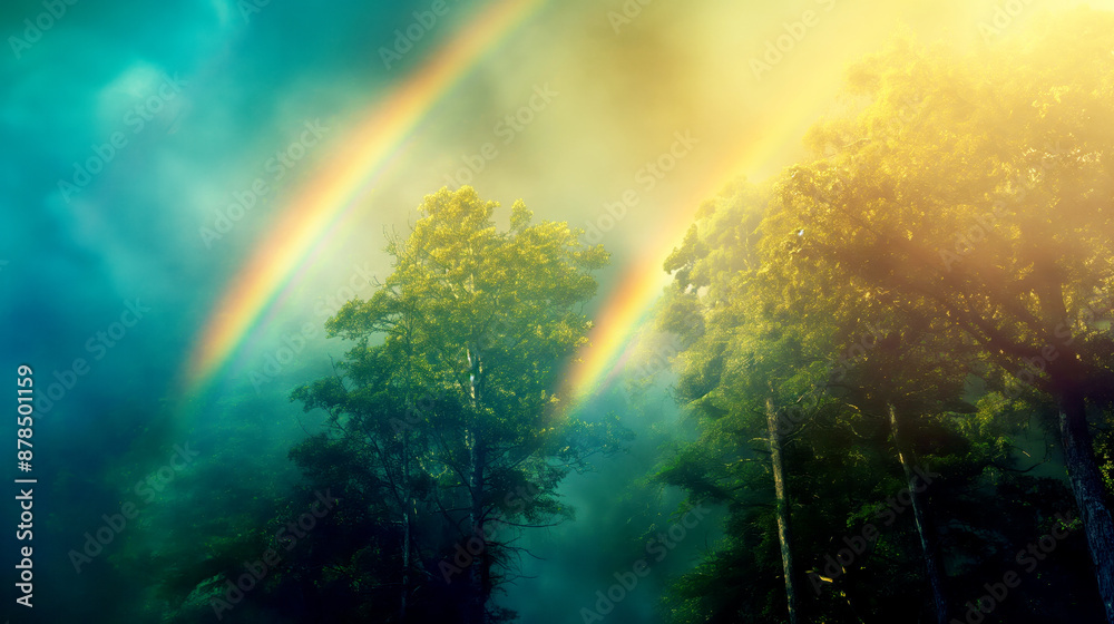 Mystic forest scene with vibrant double rainbow piercing through misty sunlight. Mystic forest scene with vibrant double rainbow piercing through misty sunlight.