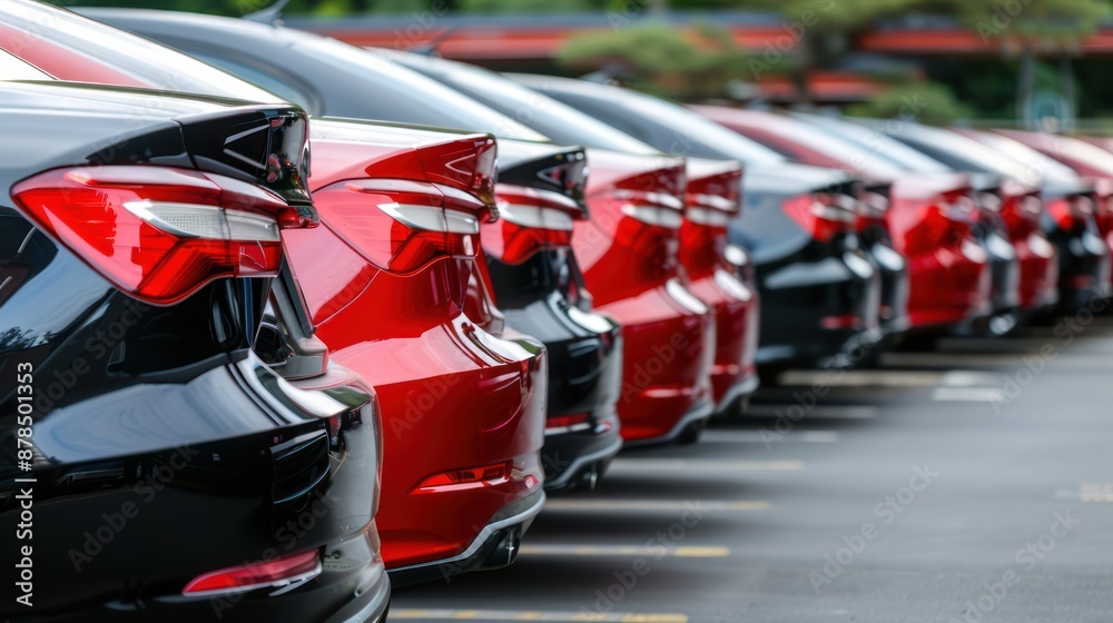 Naklejka premium Shiny new cars lined up for sale in a car lot.