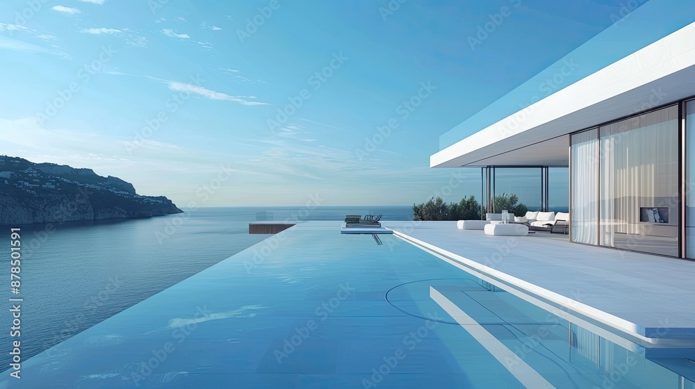 Fototapeta premium A modern villa with an infinity pool overlooking the sea. background or wallpaper. Travel and rest seaside hotel